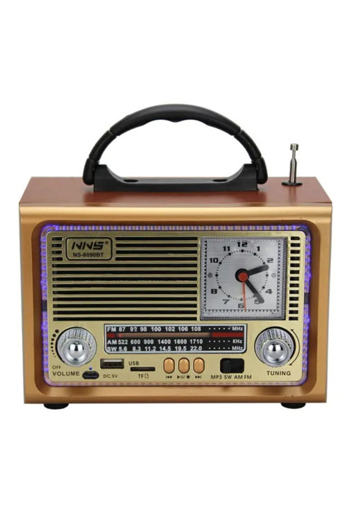 8890 Led Işıklı Taşınabilir Nostaljik Fm Radyo Saat Bluetooth Tf Kart Usb Destekli Ahşap Kasa Radyo