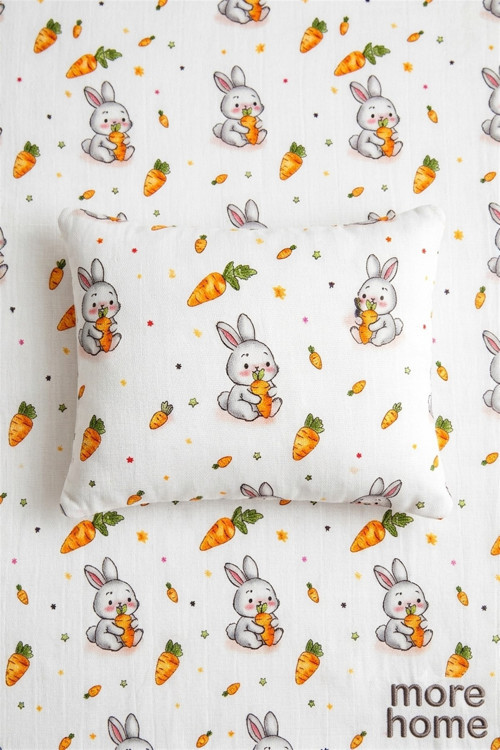 % 100 pamuklu Bebek 90x90 Müslin örtü +35x45 Yastık Kılıfı Havuç Yiyen Tavşan