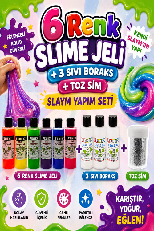 Slaym Yapım Seti (6 Adet Slime Jeli + 3 Adet Sıvı Boraks + 1 Adet Toz Sim)