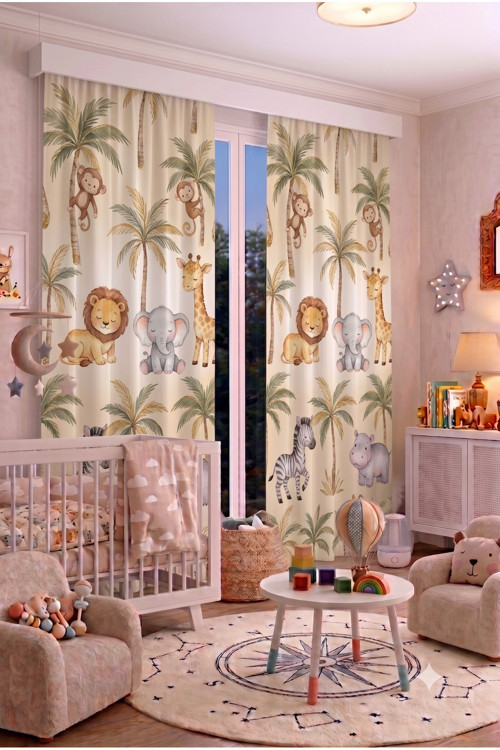 Bebek Çocuk Odası Fon Perdesi 100 X 250 Cm 1 Kanat Sevimli Desenli Dekoratif Dijital Baskılı Premium Çocuk Odası Perdesi