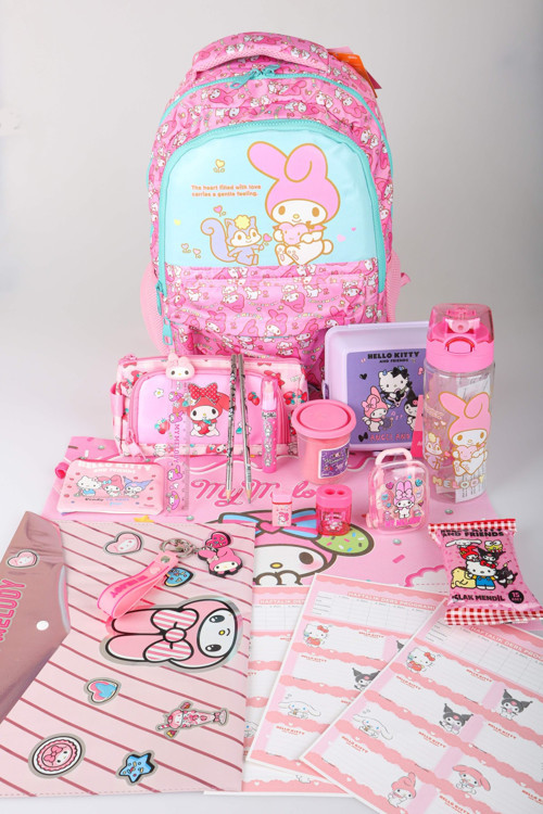 x Dekomus Lisanslı My Melody Melo Pink Collection Full Kırtasiye Seti Okul ve Kalem Çantası,Beslenme Kabı,Matara
