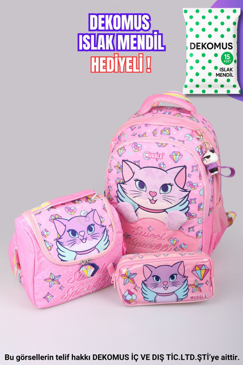 "DEKOMUS ISLAK MENDİL HEDİYELİ" "SWEET AND SPARKLY KOLEKSİYONU" BÜYÜK BOY OKUL ÇANTASI,TERMOSLU BESLENME ÇANTASI VE KALE