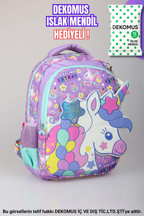 "DEKOMUS ISLAK MENDİL HEDİYELİ" ÖZEL TASARIM "UNICORN KOLEKSİYONU" BÜYÜK BOY OKUL ÇANTASI