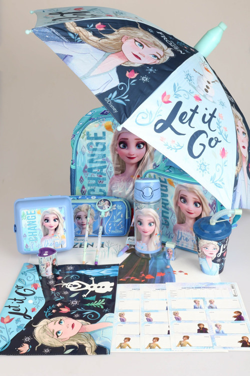 DEKOMUS LİSANSLI ELSA FROZEN KILIFLI ŞEMSİYE İLE TEK BÖLMELİ KÜÇÜK BOY 32 CM ANAOKUL ,BESLENME VE KALEM ÇANTASI,MATARA,B
