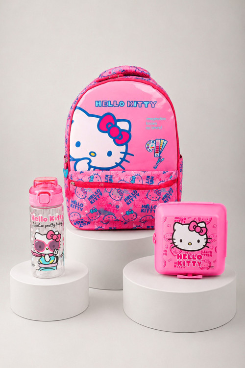 x Dekomus "Love Shine Collection" Hello Kitty Lisanslı Ortopedik İlkokul Çantası,Matara Ve Beslenme Kabı Seti