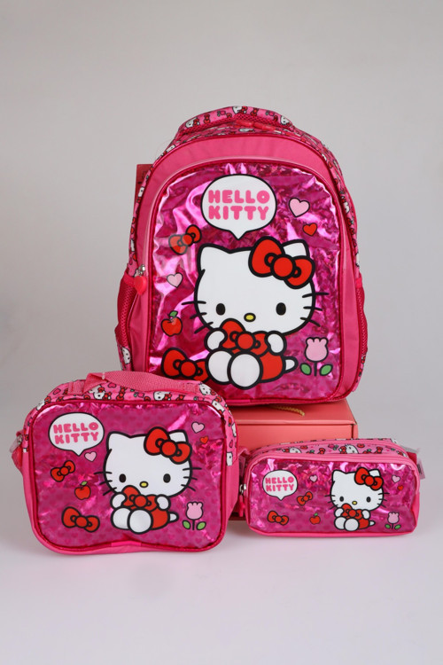 x Dekomus "Love Shine Collection" Hello Kitty Lisanslı Ortopedik İlkokul,Beslenme ve Kalem Çantası Seti