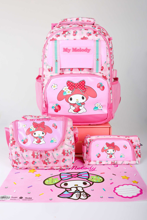 x Dekomus Lisanslı My Melody Sweet Berry Collection Büyük Boy Okul,Termoslu Beslenme ve Kalem Çantası,Beslenme Örtüsü Se