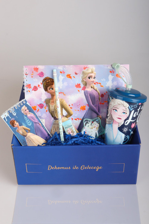 DEKOMUS LİSANSLI İLE GIFT BOX ÖZEL KUTULU "FROZEN KARLAR ÜLKESİ KIRTASİYE SETİ" PİPETLİ BARDAK,SİLGİ,NOT DEFTERİ