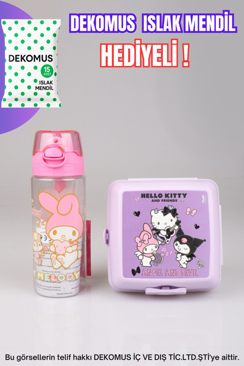 DEKOMUS LİSANSLI MY MELODY&BEST FRIENDS HELLO KITTY,KUROMI 500 ML MATARA VE 2 KATLI BESLENME KUTUSU /LUNCH BOX SETİ "ISL