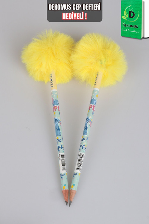 x Dekomus Lisanslı Stitch Özel Seri 2 Adet Fluffy Pop Collection Ponponlu Kurşun Kalem "Dekomus Cep Defteri Hediyeli"