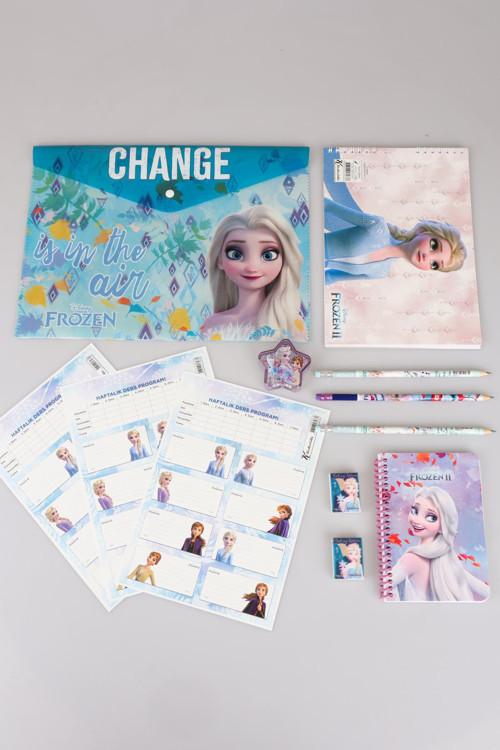 DEKOMUS LİSANSLI ELSA FROZEN 12 PARÇA KIRTASİYE SETİ ÇITÇIT DOSYA,OKUL ETİKETİ,SİLGİLİ KURŞUN KALEM,KALEMTRAŞ,BLOKNOT,RE