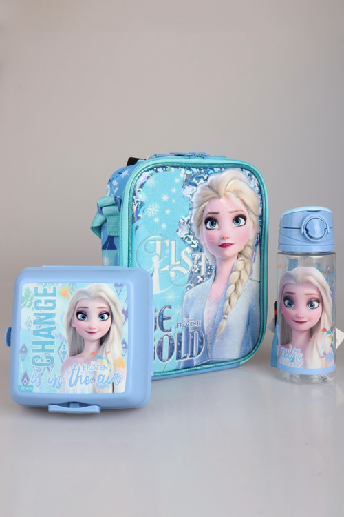 DEKOMUS LİSANSLI ELSA FROZEN "BESLENME ÇANTASI,BESLENME KABI VE 500 ML TRITAN MATARA OKUL BESLENME SETİ