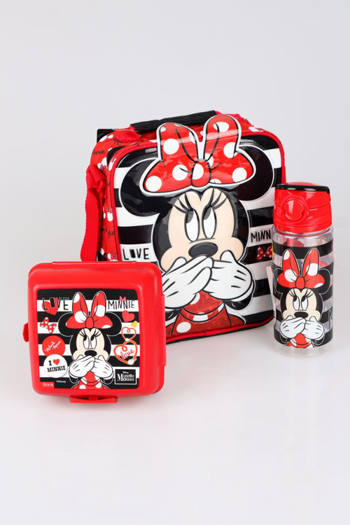 YENİ SEZON LİSANSLI MINNIE MOUSE BESLENME ÇANTASI,BESLENME KABI VE TRITAN MATARA 500 ML BESLENME SETİ