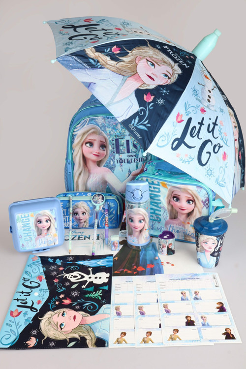 DEKOMUS LİSANSLI ELSA FROZEN Snow Crystal Collection KILIFLI ŞEMSİYE İLE OKUL ,BESLENME VE KALEM ÇANTASI,MATARA,BESLENME