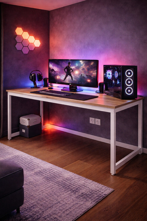 Çam/Beyaz Oyuncu Masası 60x140 Cm, Beyaz Renk Bilgisayar Masası, Gamer Masası, Gaming Masa