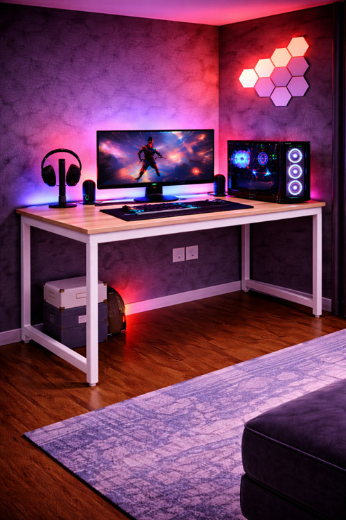 Çam/Beyaz Renk Oyuncu Masası 60x120 Cm, Bilgisayar Masası, Gamer Masası, Gaming Masa, Metal Ayaklı