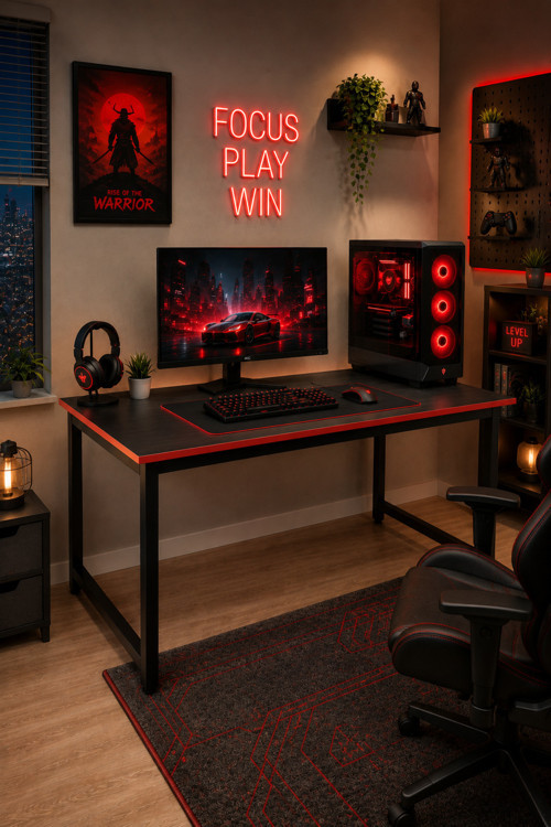 Siyah Kırmızı Oyuncu Masası 60x120, Çalışma Masası, Bilgisayar Masası, Gamer Masa, Metal Ayaklı