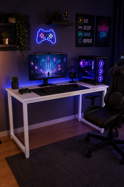 Beyaz Oyuncu Masası 60x120, Çalışma Masası, Bilgisayar Masası, Gamer Masa, Metal Ayaklı