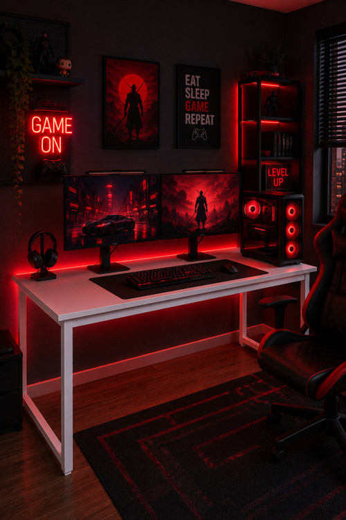 Beyaz Oyuncu Masası 60x140, Çalışma Masası, Bilgisayar Masası, Gamer Masa, Metal Ayaklı