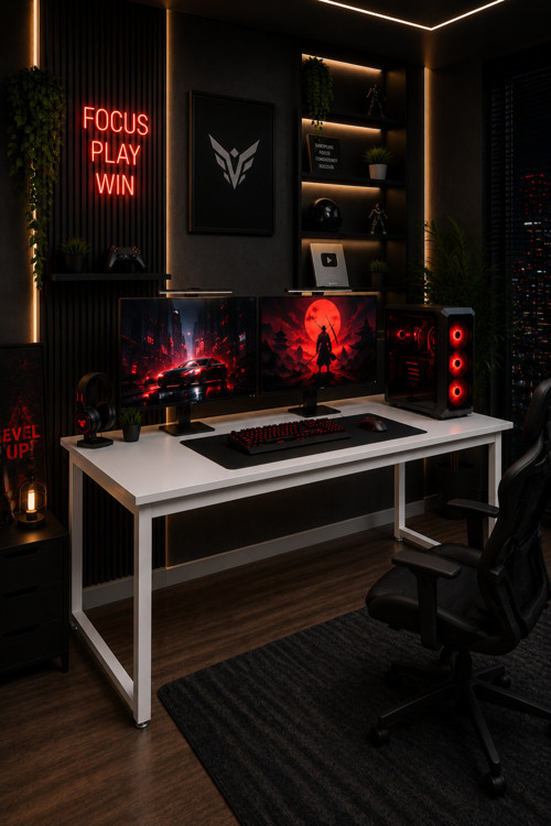 Beyaz Oyuncu Masası 60x160, Çalışma Masası, Bilgisayar Masası, Gamer Masa, Metal Ayaklı