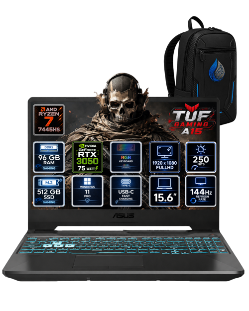 TUF Gaming A15 AMD Ryzen 7 7445HS 96 GB DDR5 512 GB SSD RTX 3050 4GB 15.6'' FHD IPS 144Hz Windows 11 Pro Gaming Lap