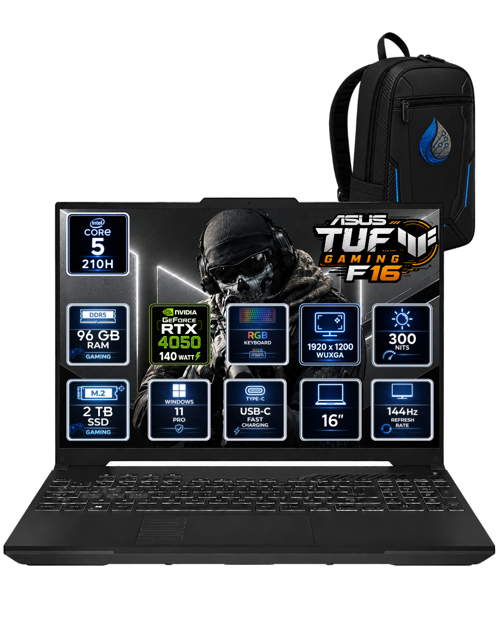 TUF Gaming F16 Intel Core 5 210H 96 GB DDR5 2 TB SSD RTX 4050 6GB 16'' WUXGA IPS 144Hz Windows 11 Pro Gaming Laptop