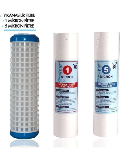 10" Daire-Tesisat Girişi Filtre Seti 3'lü Yıkanabilir Kum, Yosun, Tortu Tutucu Filtre 1 Mikron Sediment-5Mikron Sediment ve 50 Mikron Yıkanabilir Filtre