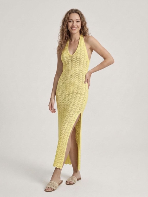 Kadın Ajurlu Halter Yaka Yırtmaçlı Uzun Beachwear Elbise - Plaj Elbisesi