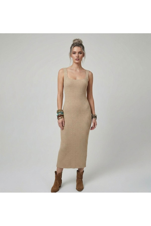 Premium Fit Kare Yaka Fitilli Triko Midi Elbise