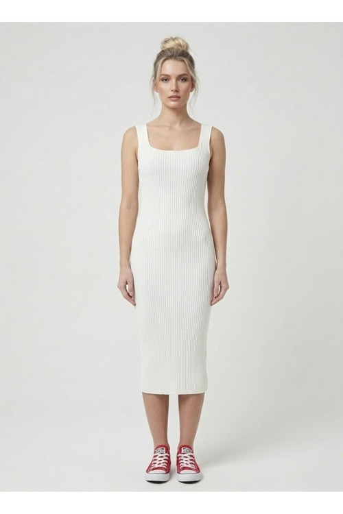 Premium Fit Kare Yaka Fitilli Triko Midi Elbise
