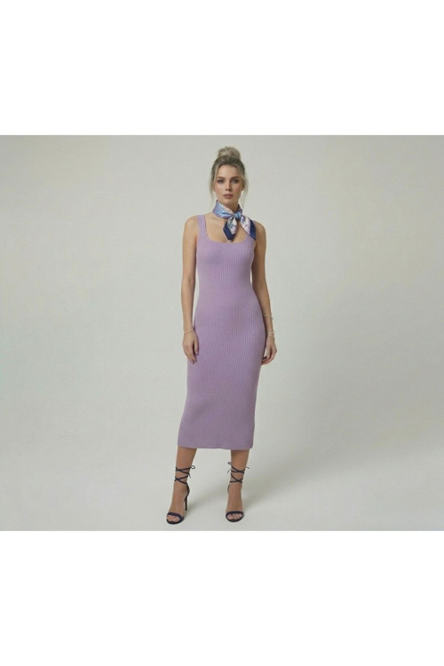 Premium Fit Kare Yaka Fitilli Triko Midi Elbise
