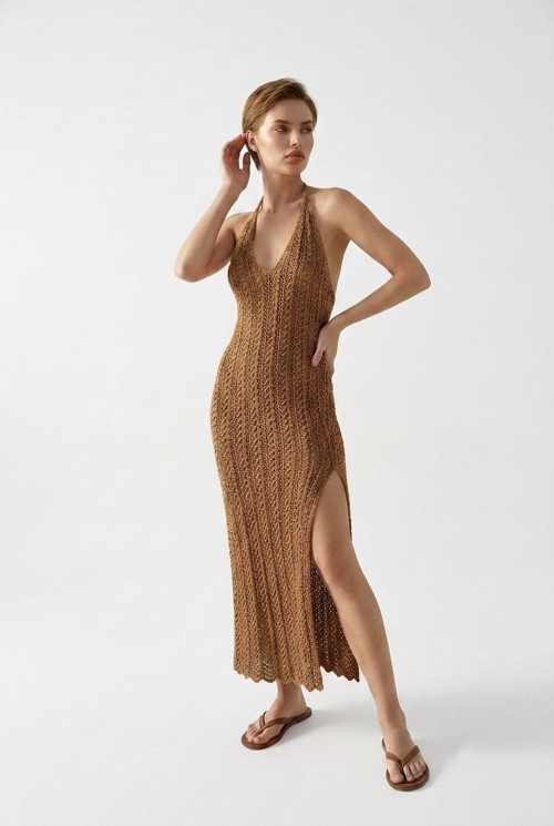 Beachwear Boyundan Bağlamalı Ajurlu Triko Plaj Elbisesi