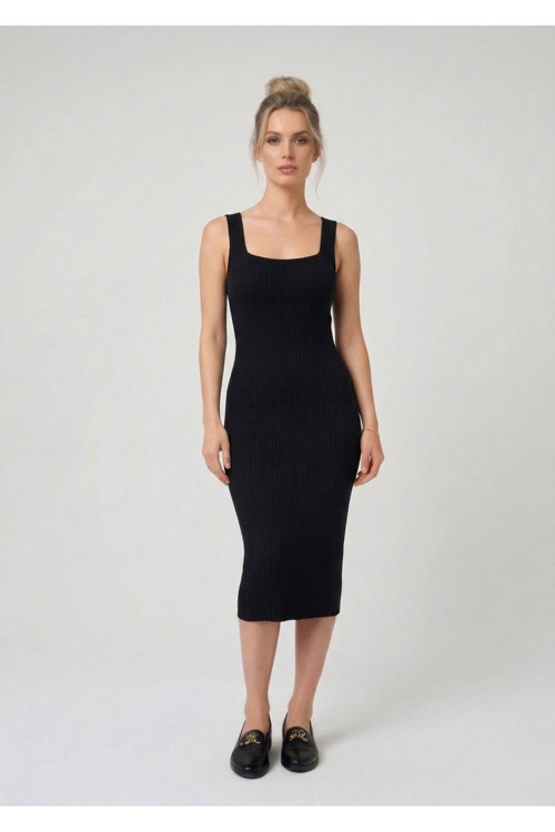 Premium Fit Kare Yaka Fitilli Triko Midi Elbise