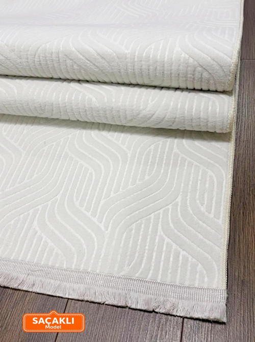 Elit Kabartmalı Krem Saçaklı Yıkanabilir Kaymaz Taban Kesme Yolluk Salon Mutfak Oturma Odası Halı