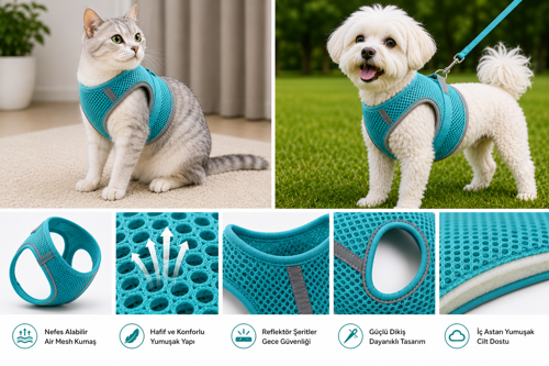 Nefes Alan Kumaş Air Mesh Kedi Köpek Göğüs Tasması XX Small 28x32 cm Turkuaz