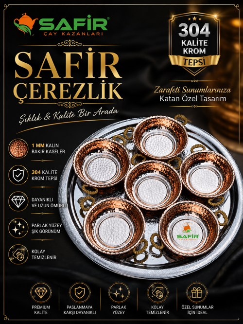 SAFİR ÇEREZLİK KAHVALTI TAKIMI KROM TEPSİ 6 ADET BAKIR KASE ÖZEL EL İŞLEMESİ BAKIR ÇEREZLİK