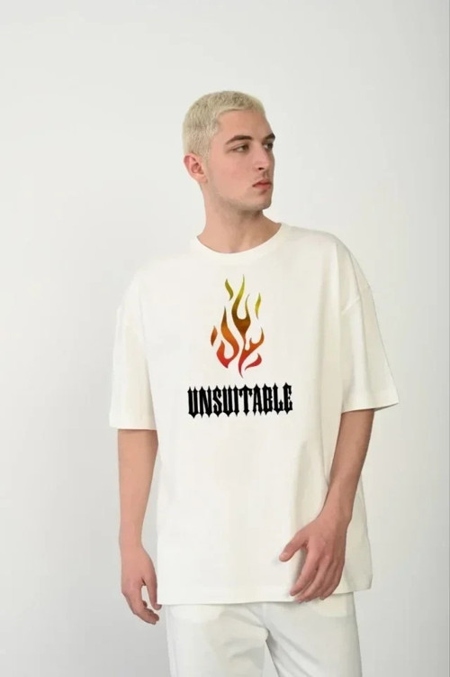 Unisex Bisiklet Yaka Baskılı Oversize T-Shirt - Beyaz