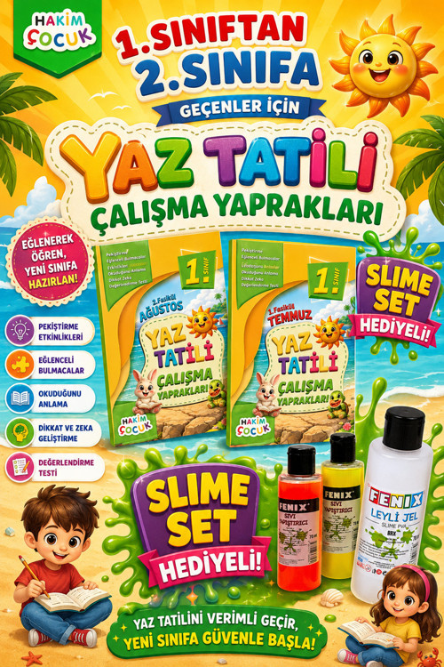 Hakim Çocuk 1. Sınıftan 2. Sınıfa Geçenler İçin Yaz Tatili Çalışma Yaprakları (Slime Set Hediyeli)