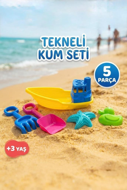 5 Parça Eğlenceli Havuz ve Plaj Oyuncağı - Kürek Tırmık ve Kum Kalıplı Tekneli Kum Seti