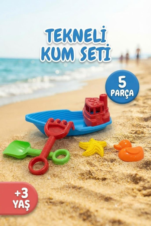5 Parça Eğlenceli Havuz ve Plaj Oyuncağı - Kürek Tırmık ve Kum Kalıplı Tekneli Kum Seti