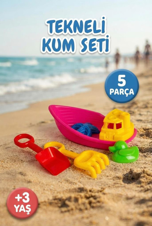 5 Parça Eğlenceli Havuz ve Plaj Oyuncağı - Kürek Tırmık ve Kum Kalıplı Tekneli Kum Seti