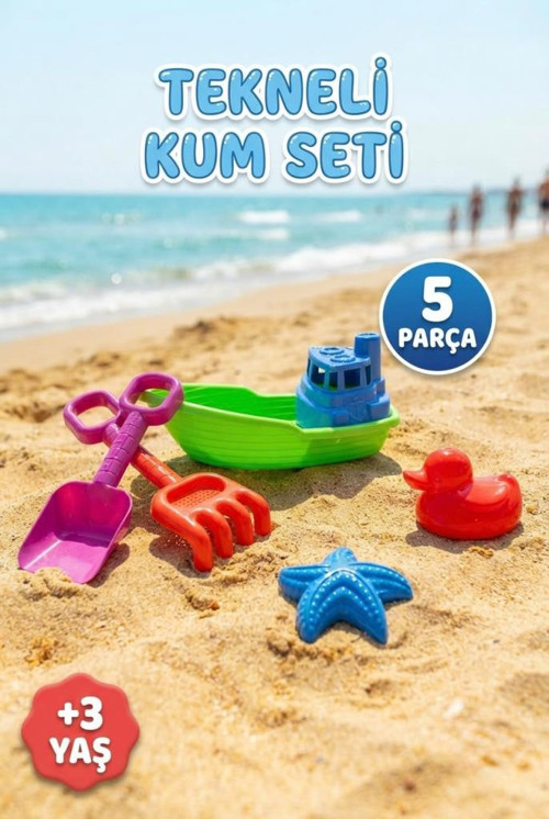 5 Parça Eğlenceli Havuz ve Plaj Oyuncağı - Kürek Tırmık ve Kum Kalıplı Tekneli Kum Seti
