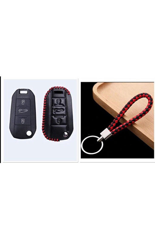 Peugeot 208 308 301 3008 5008 Lüks Deri Anahtar Koruma Kılıfı Ve Örgü Anahtarlık