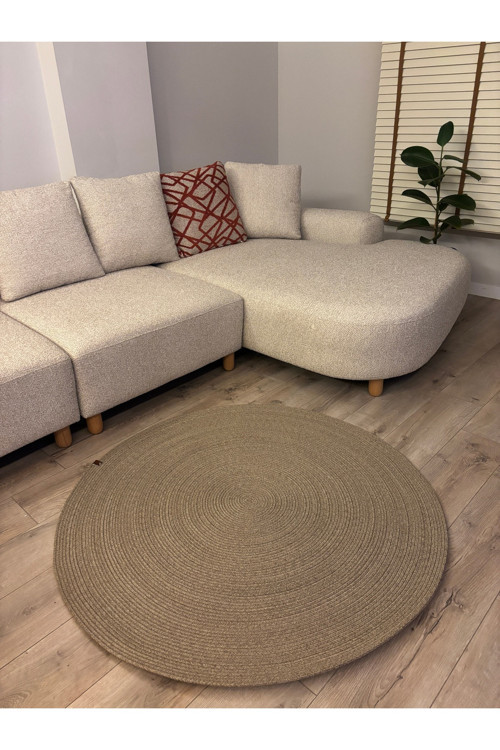 Taş Rengi Jüt Yuvarlak Hasır Görünümlü Klasik Halı Kilim