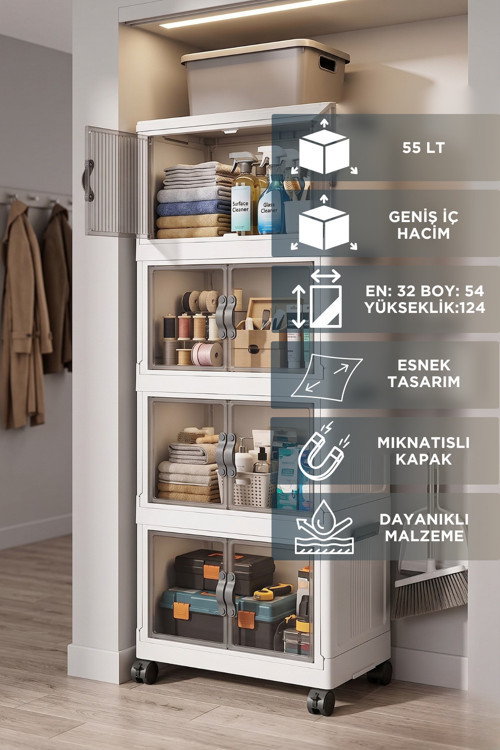 55 LT Geniş Hacimli Organizer Dolap - 4 Bölmeli 127cm Çok Amaçlı Banyo ve Mutfak Düzenleyici - Beyaz