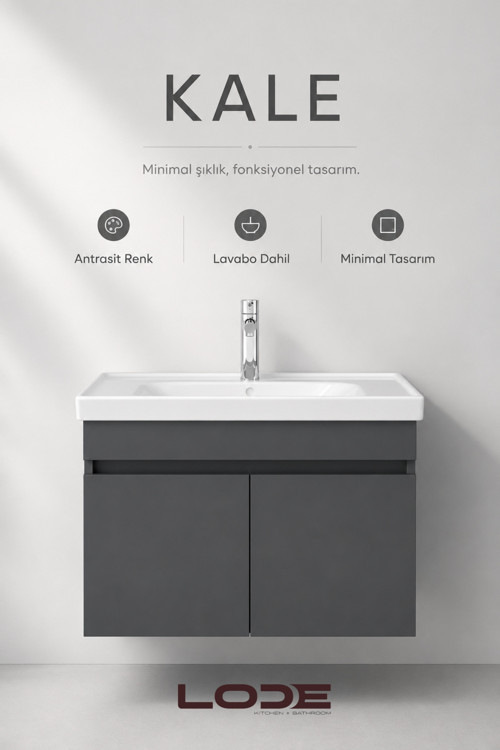 KALE 70Cm Antrasit Demonte Lavabolu Alt Banyo Dolabı, Seramik Lavabo Dahil