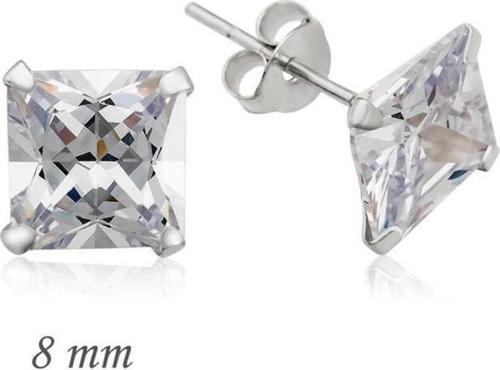 925 Ayar Gümüş Kare Tek Taş Zirkon Küpe - 8 mm