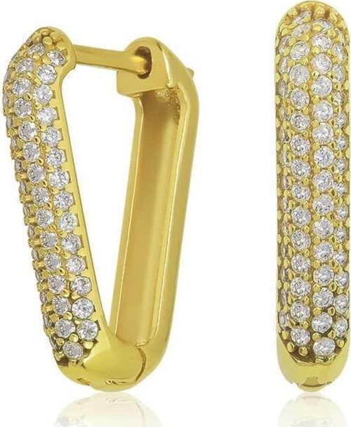 Gümüş Gold Beyaz Taşlı Üçgen Küpe