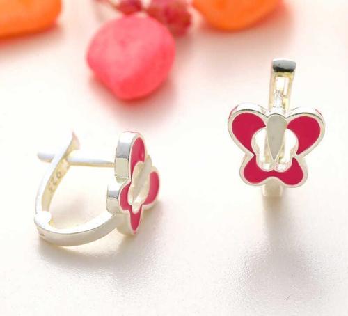 Gümüş Pembe Kelebek Çocuk Küpesi