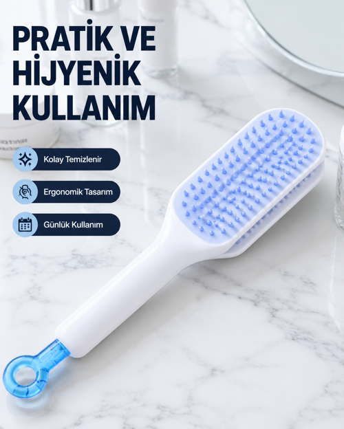 tekno Otomatik Temizlemeli Saç Fırçası – Ergonomik Tasarım, Masaj Etkili, Elektriklenmeyi Ön
